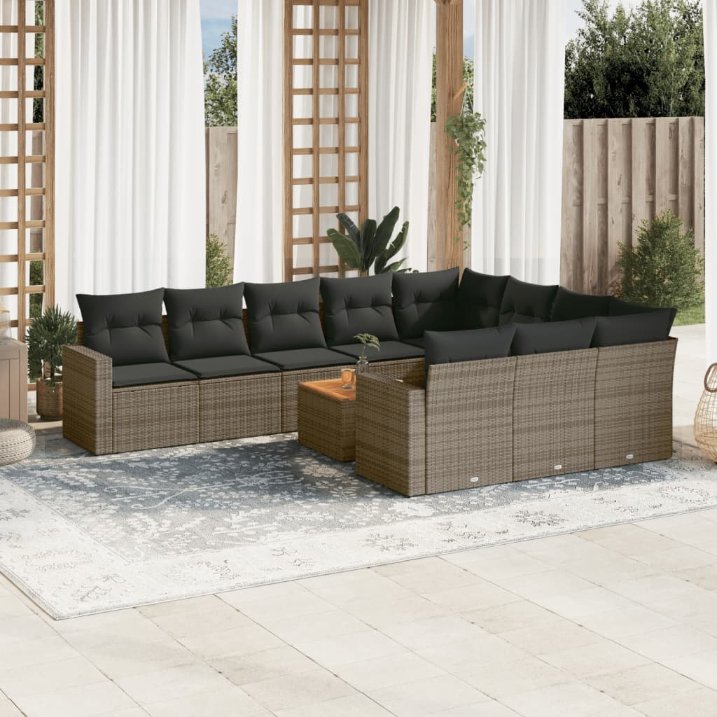 11-tlg. Garten-Sofagarnitur mit Kissen Schwarz Poly Rattan