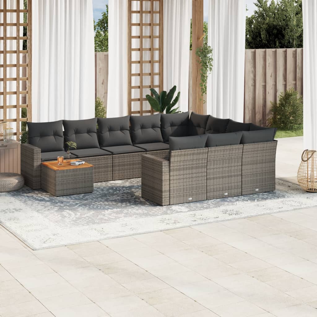 11-tlg. Garten-Sofagarnitur mit Kissen Schwarz Poly Rattan