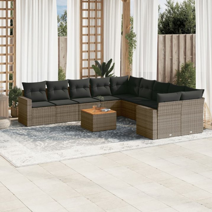 11-tlg. Garten-Sofagarnitur mit Kissen Schwarz Poly Rattan