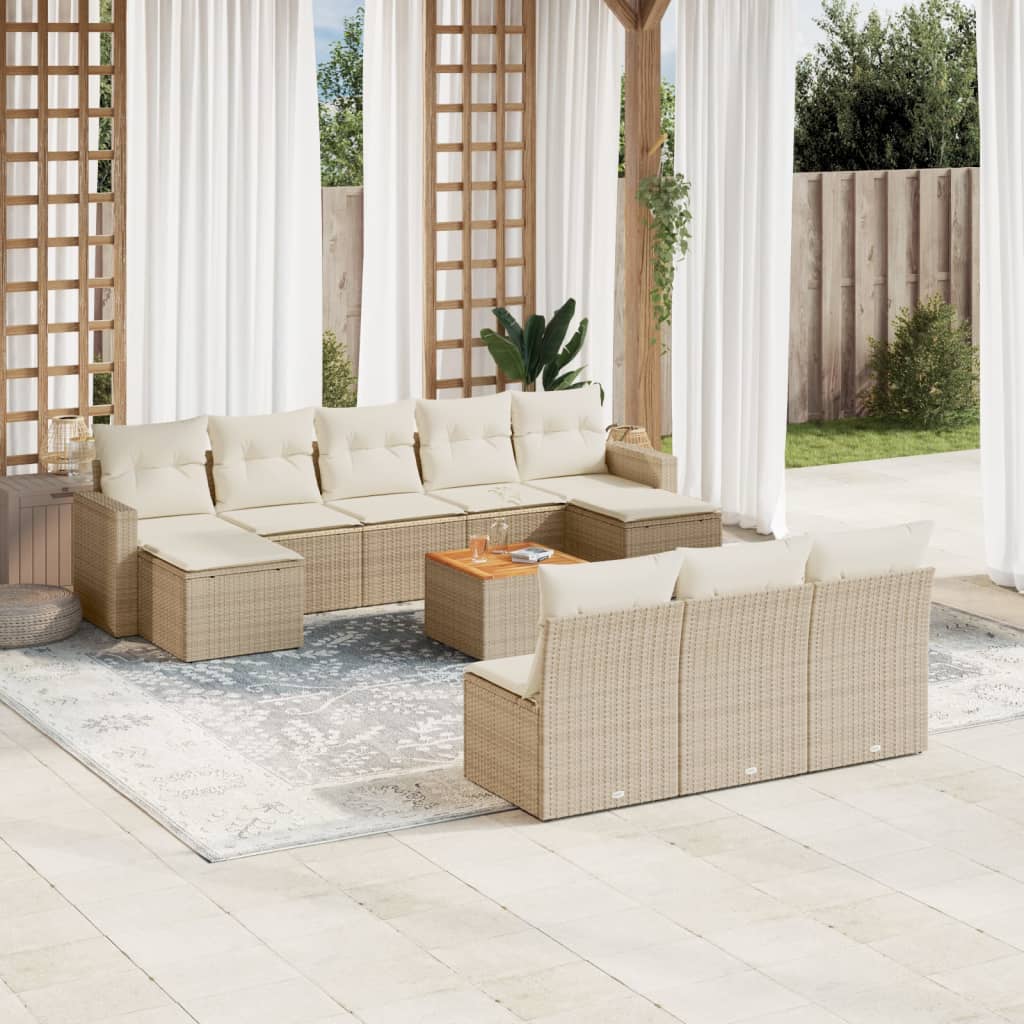 11-tlg. Garten-Sofagarnitur mit Kissen Schwarz Poly Rattan