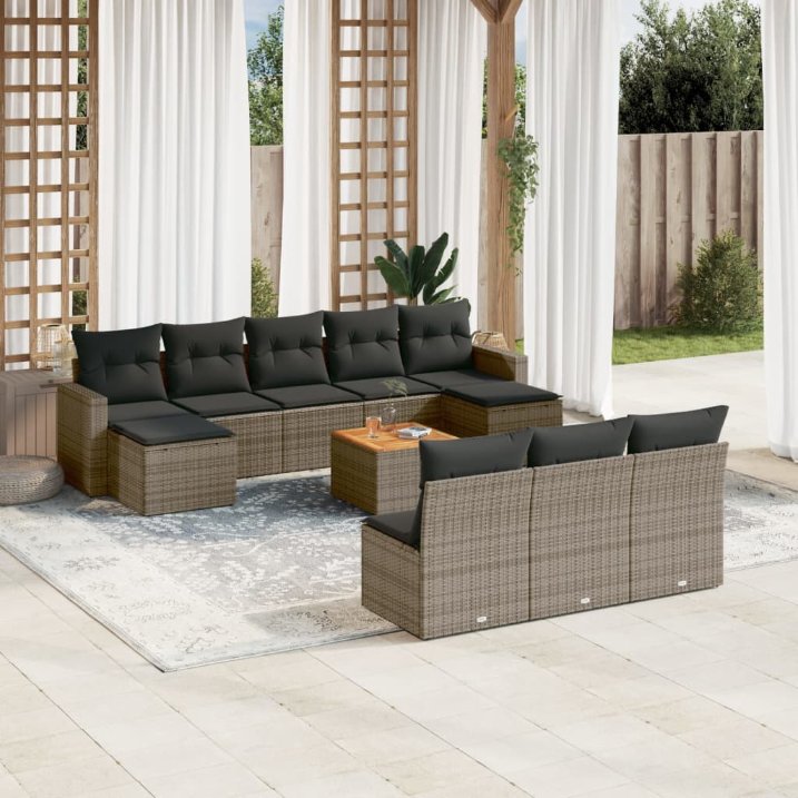 11-tlg. Garten-Sofagarnitur mit Kissen Schwarz Poly Rattan