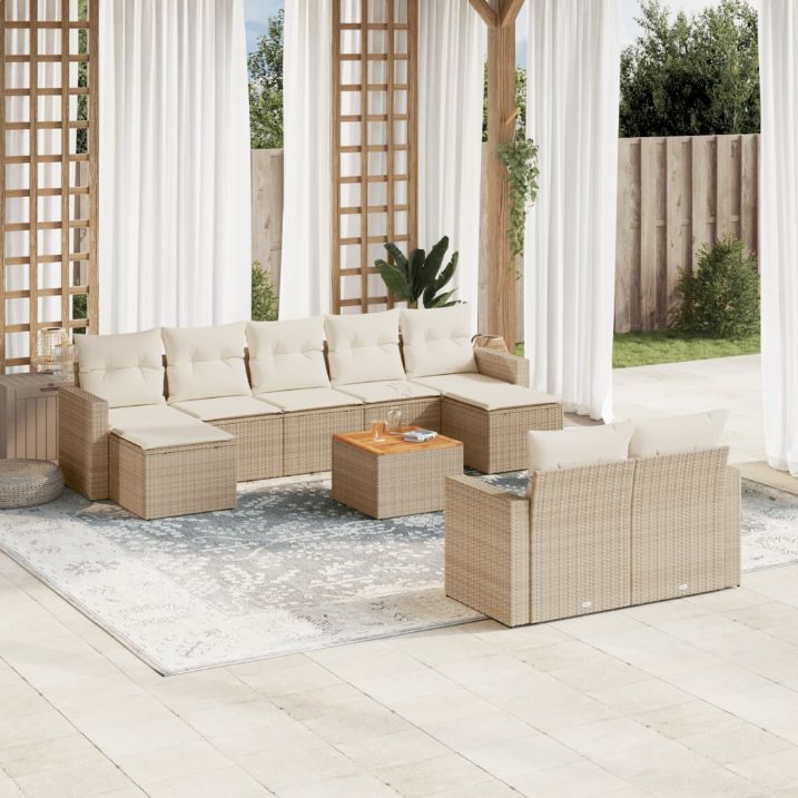 vidaXL 10-tlg. Garten-Sofagarnitur mit Kissen Schwarz Poly Rattan
