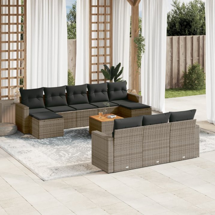 11-tlg. Garten-Sofagarnitur mit Kissen Schwarz Poly Rattan