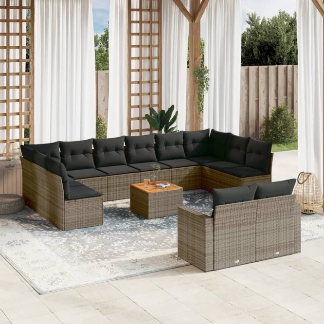13-tlg. Garten-Sofagarnitur mit Kissen Schwarz Poly Rattan