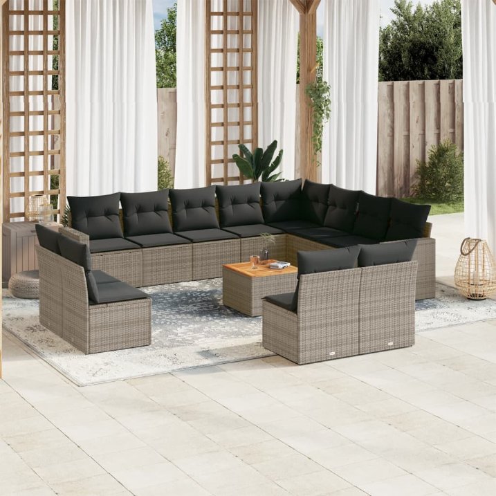 13-tlg. Garten-Sofagarnitur mit Kissen Schwarz Poly Rattan