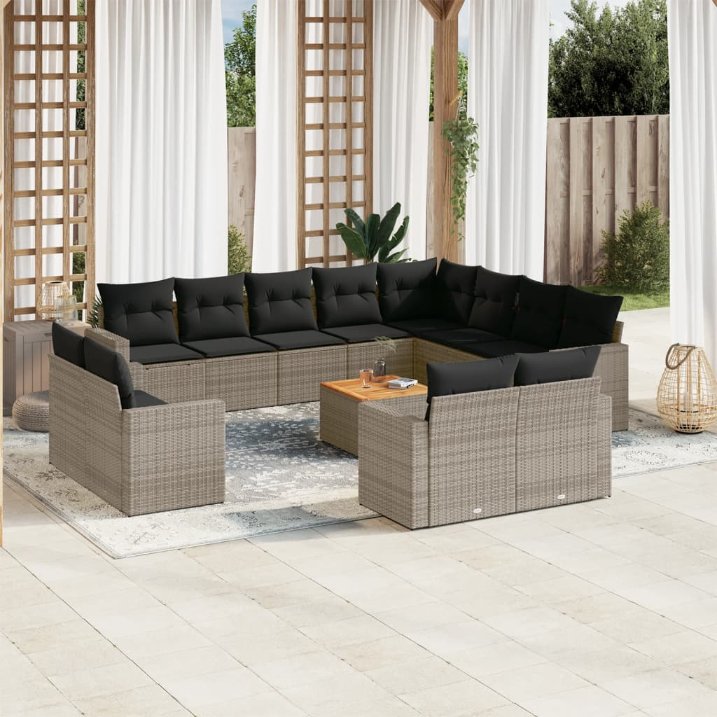 13-tlg. Garten-Sofagarnitur mit Kissen Schwarz Poly Rattan