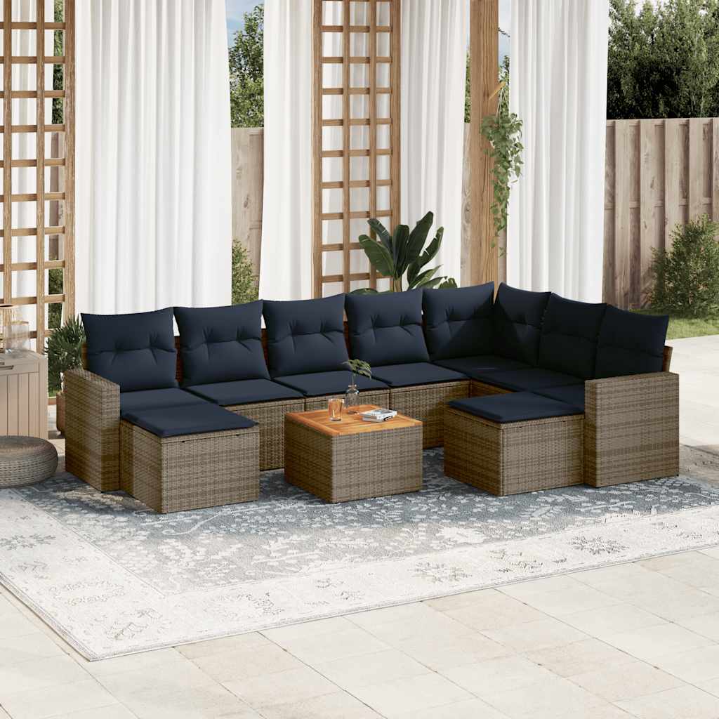 vidaXL 10-teiliges Gartensofa-Set mit Kissen, grau, Polyrattan