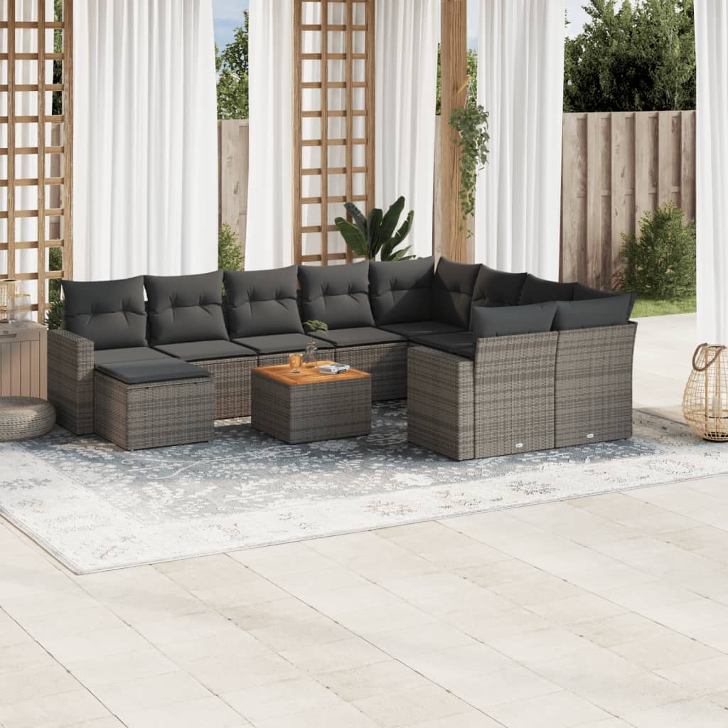 11-tlg. Garten-Sofagarnitur mit Kissen Schwarz Poly Rattan