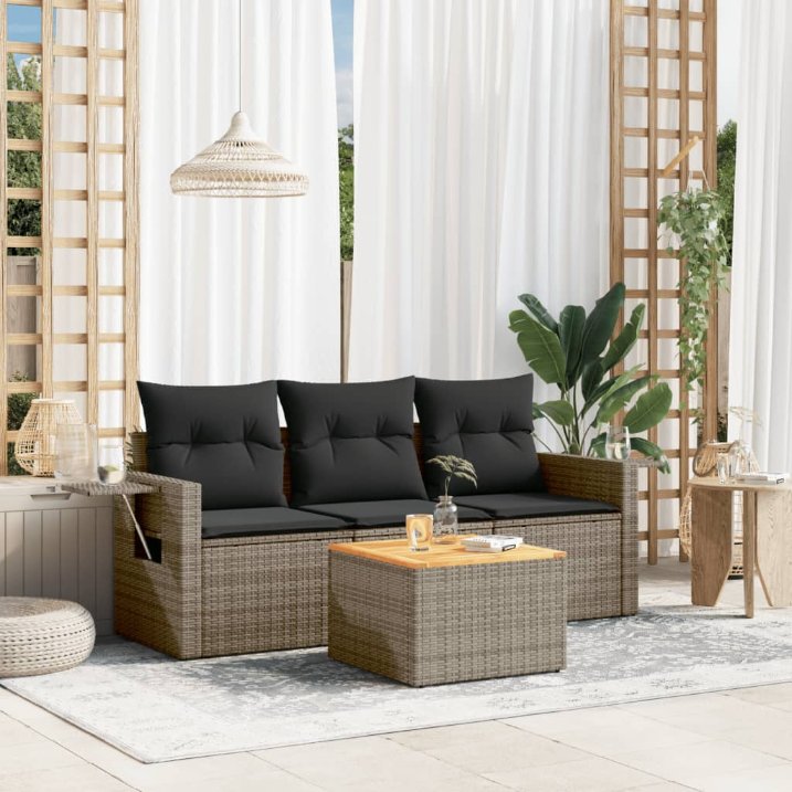 4-tlg. Garten-Sofagarnitur mit Kissen Schwarz Poly Rattan