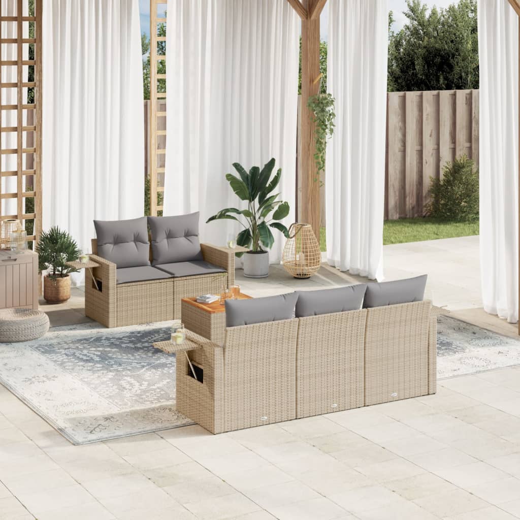 6-tlg. Garten-Sofagarnitur mit Kissen Schwarz Poly Rattan