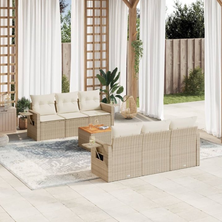 7-tlg. Garten-Sofagarnitur mit Kissen Schwarz Poly Rattan