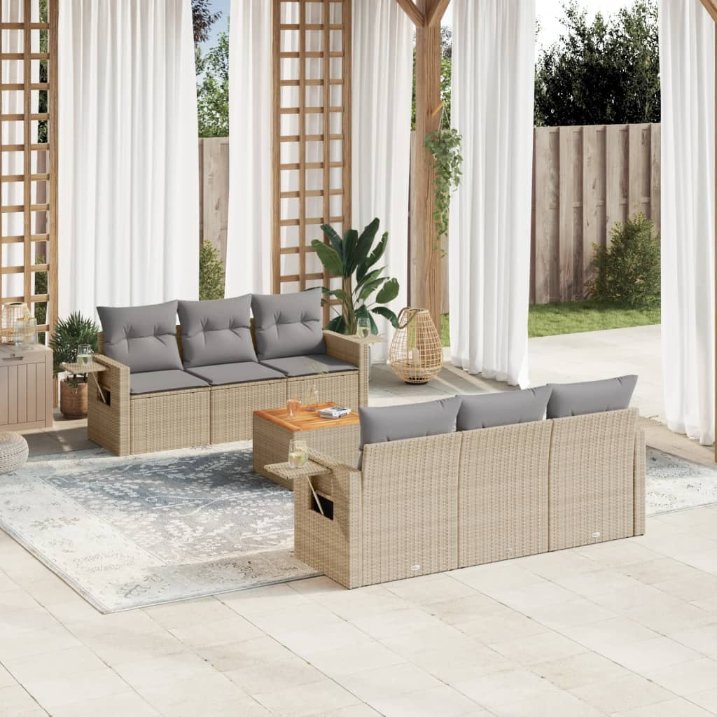 7-tlg. Garten-Sofagarnitur mit Kissen Schwarz Poly Rattan