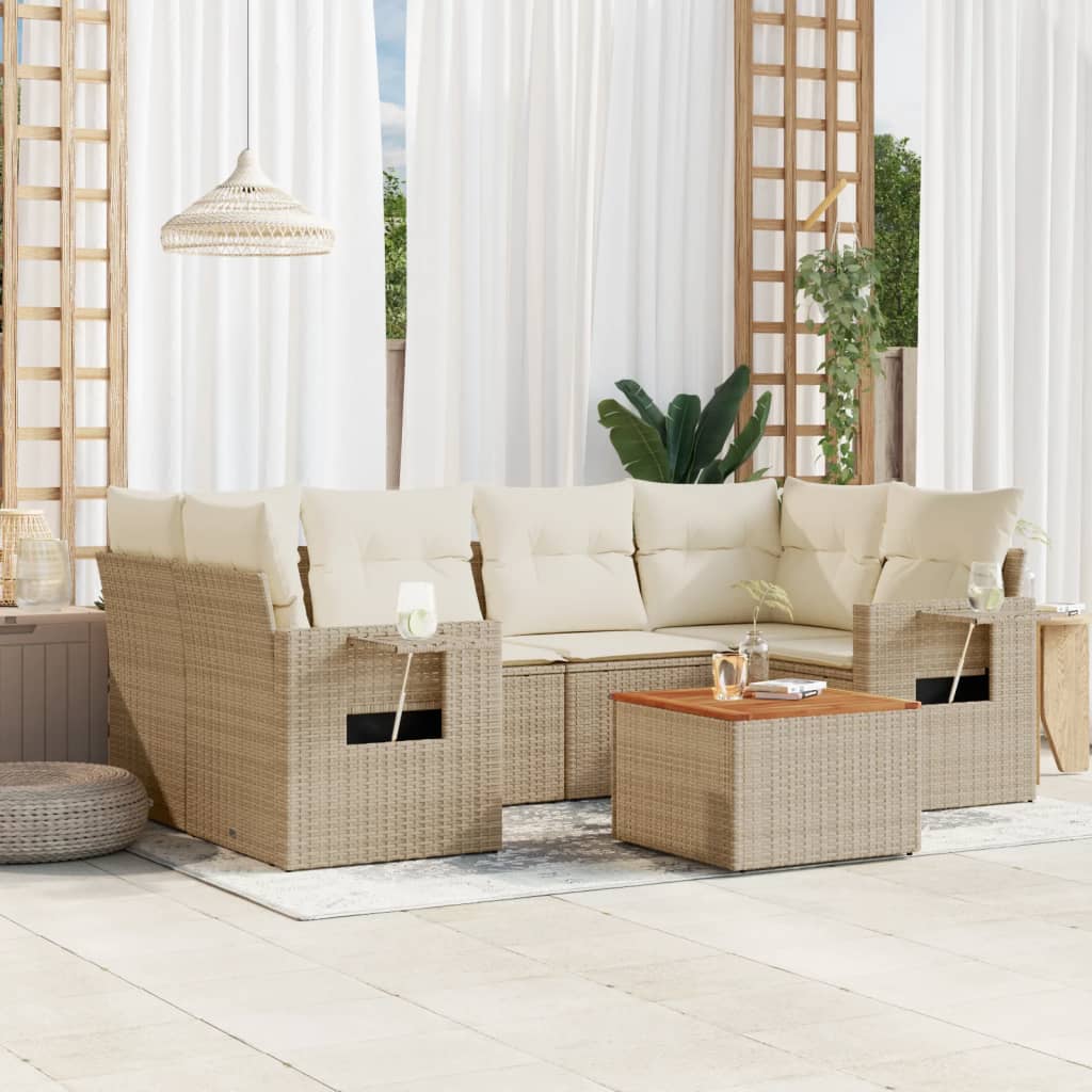 7-tlg. Garten-Sofagarnitur mit Kissen Schwarz Poly Rattan