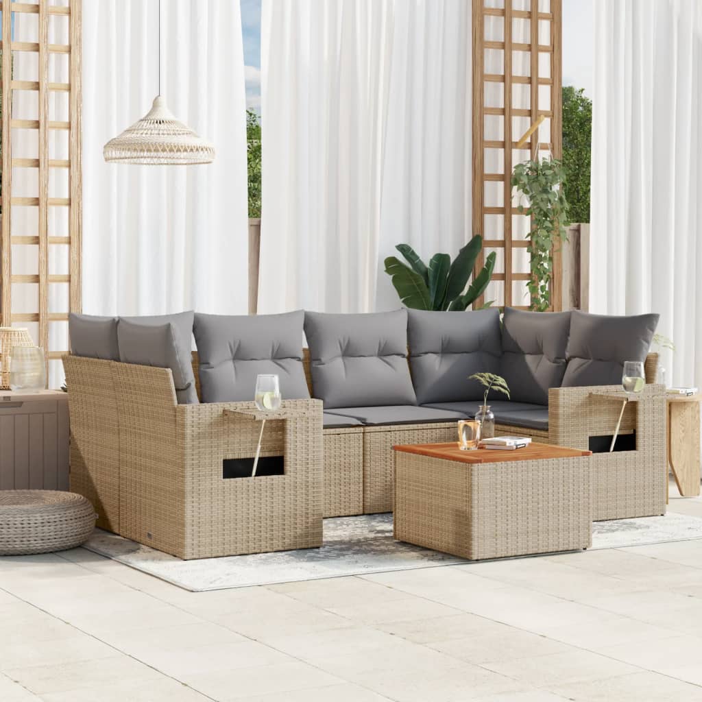 7-tlg. Garten-Sofagarnitur mit Kissen Schwarz Poly Rattan