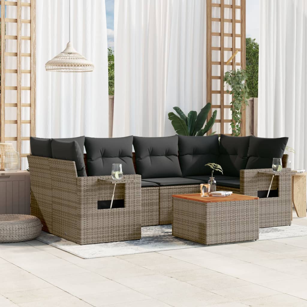 7-tlg. Garten-Sofagarnitur mit Kissen Schwarz Poly Rattan