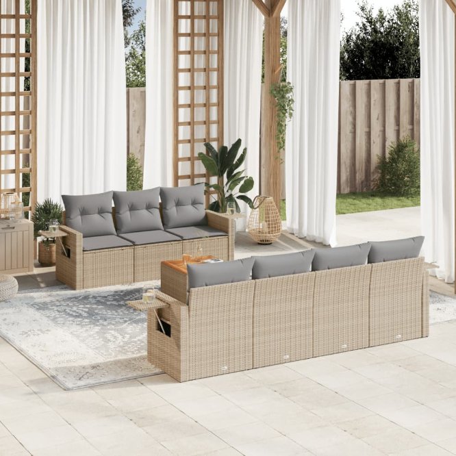 8-tlg. Garten-Sofagarnitur mit Kissen Schwarz Poly Rattan