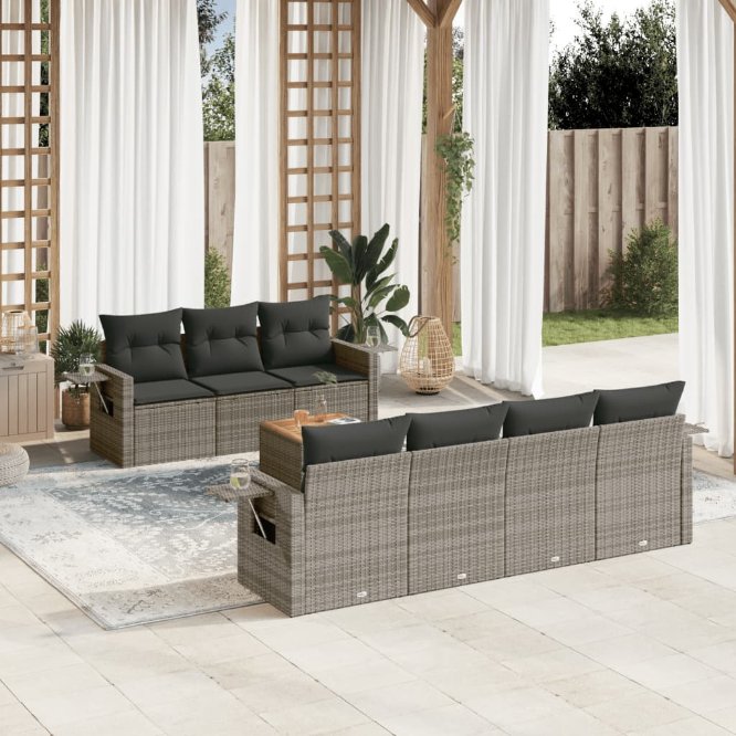 8-tlg. Garten-Sofagarnitur mit Kissen Schwarz Poly Rattan