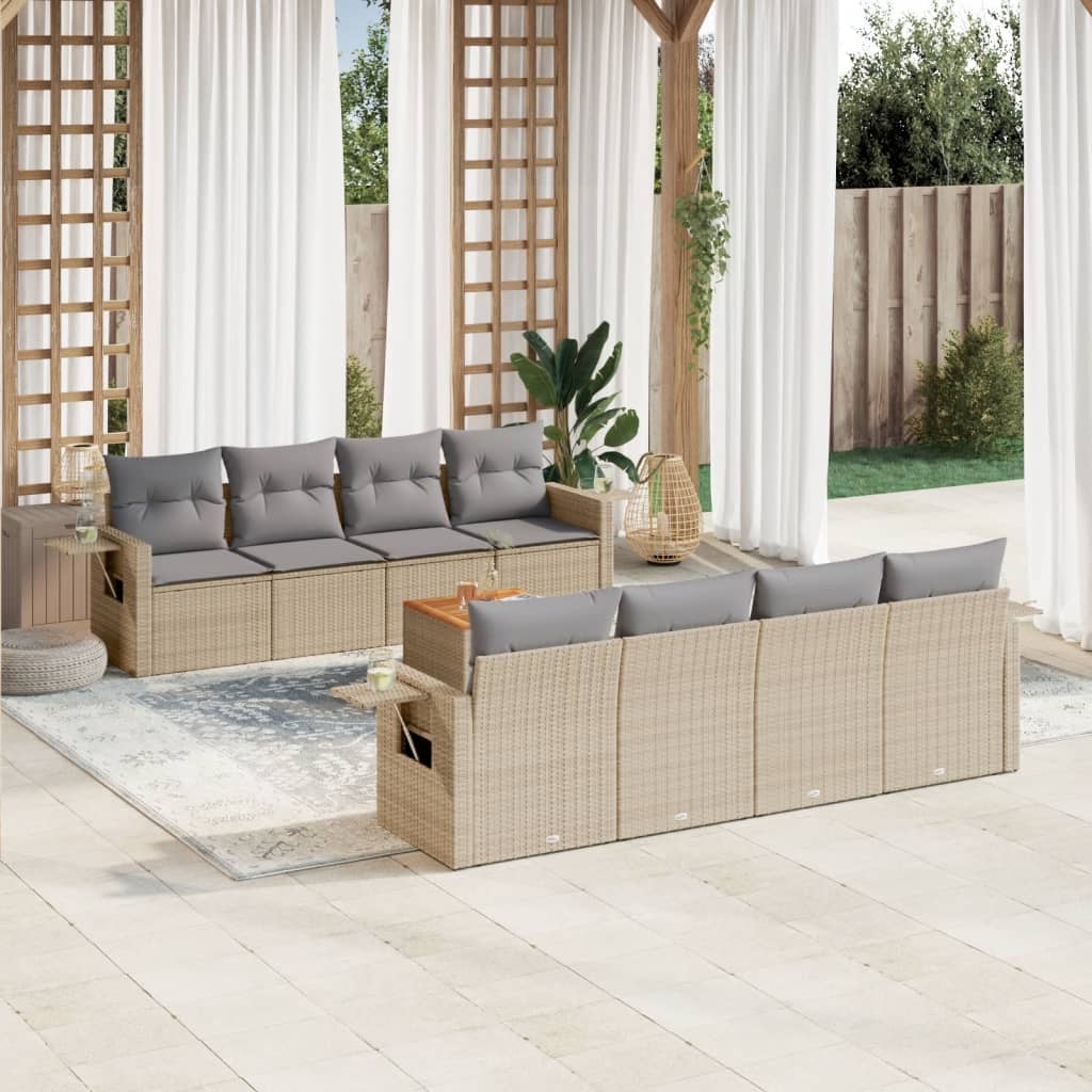 9-tlg. Garten-Sofagarnitur mit Kissen Schwarz Poly Rattan