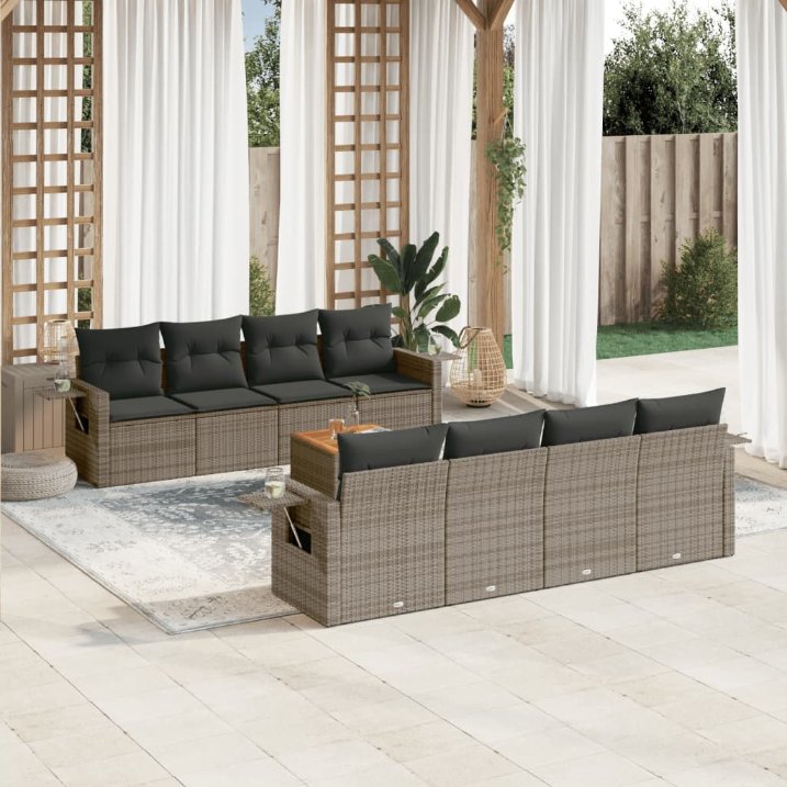 9-tlg. Garten-Sofagarnitur mit Kissen Schwarz Poly Rattan