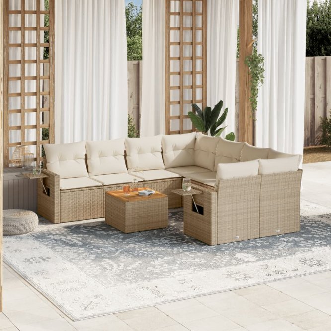 9-tlg. Garten-Sofagarnitur mit Kissen Schwarz Poly Rattan