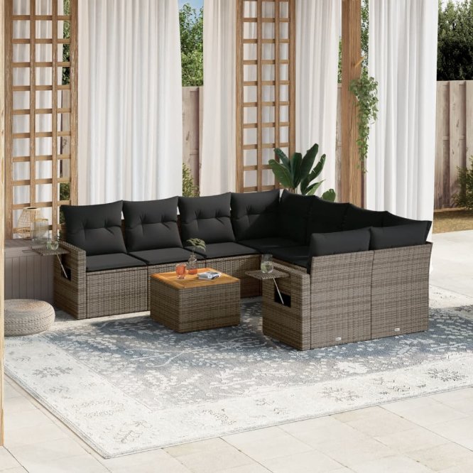 9-tlg. Garten-Sofagarnitur mit Kissen Schwarz Poly Rattan