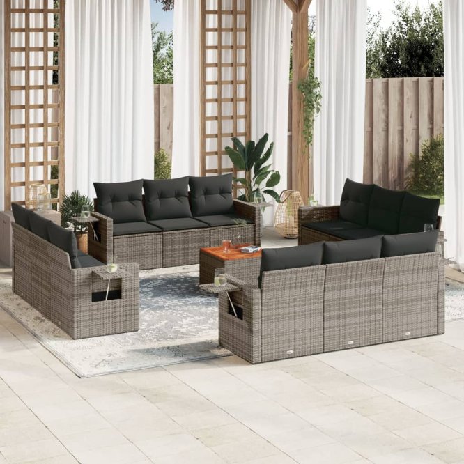 13-tlg. Garten-Sofagarnitur mit Kissen Schwarz Poly Rattan