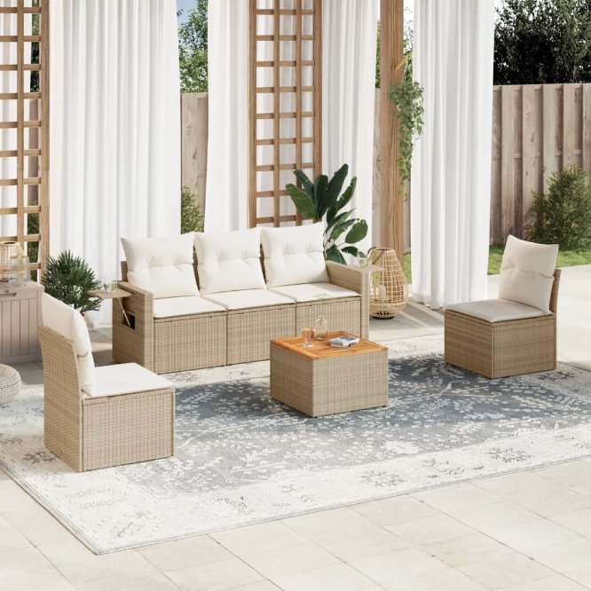 6-tlg. Garten-Sofagarnitur mit Kissen Schwarz Poly Rattan