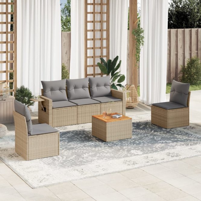 6-tlg. Garten-Sofagarnitur mit Kissen Schwarz Poly Rattan