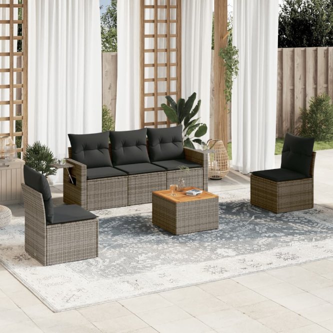 6-tlg. Garten-Sofagarnitur mit Kissen Schwarz Poly Rattan