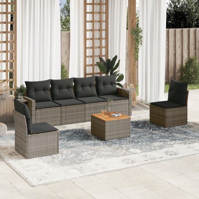 7-tlg. Garten-Sofagarnitur mit Kissen Schwarz Poly Rattan