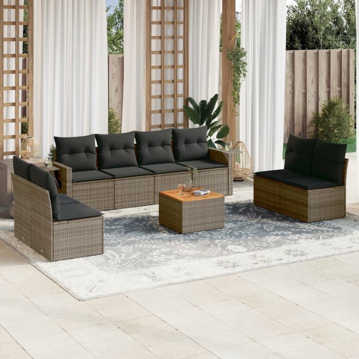 9-tlg. Garten-Sofagarnitur mit Kissen Schwarz Poly Rattan