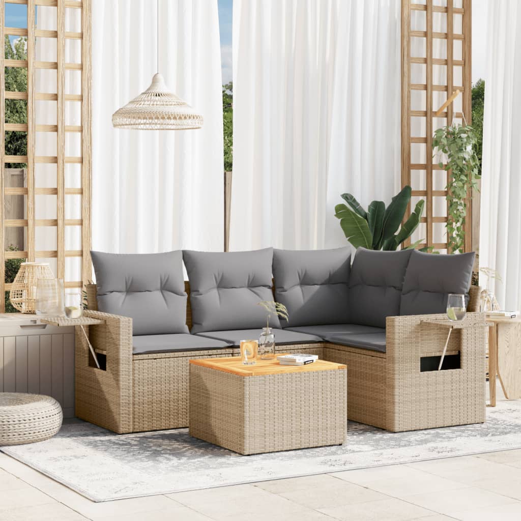 5-tlg. Garten-Sofagarnitur mit Kissen Schwarz Poly Rattan