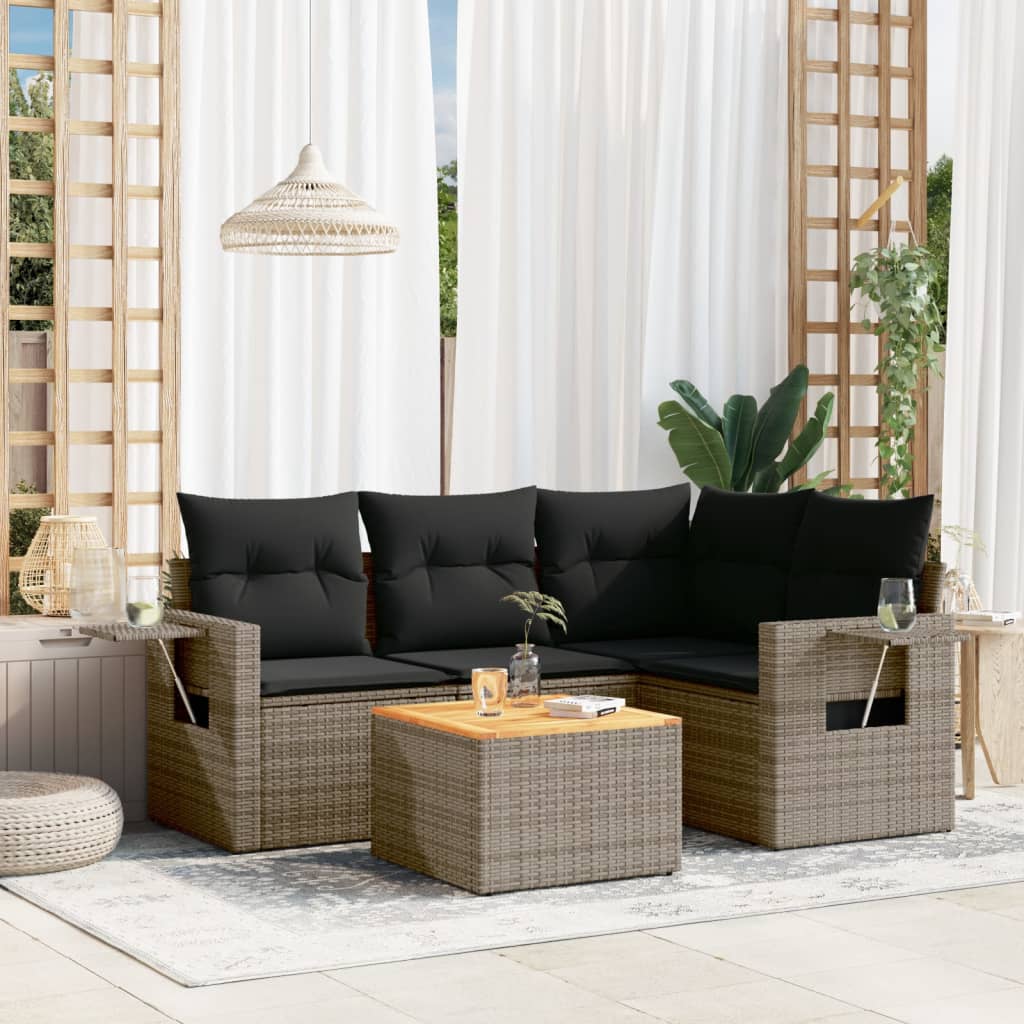 5-tlg. Garten-Sofagarnitur mit Kissen Schwarz Poly Rattan