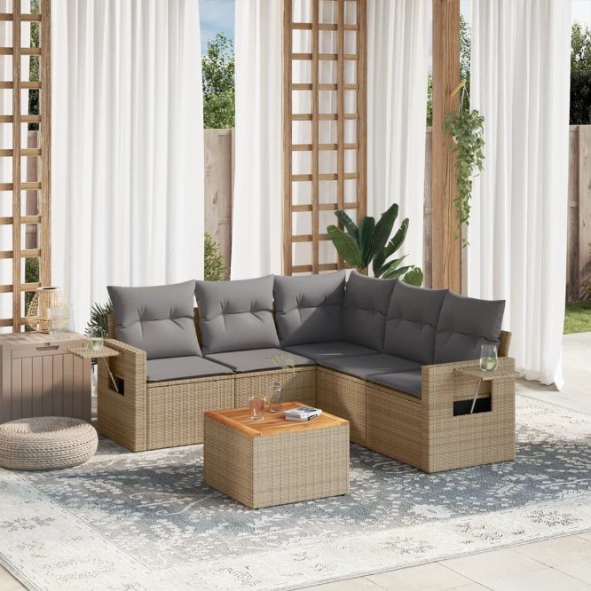 6-tlg. Garten-Sofagarnitur mit Kissen Schwarz Poly Rattan