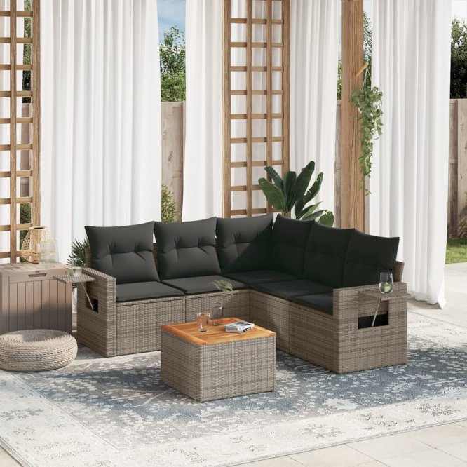 6-tlg. Garten-Sofagarnitur mit Kissen Schwarz Poly Rattan