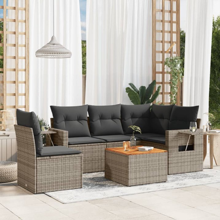 6-tlg. Garten-Sofagarnitur mit Kissen Schwarz Poly Rattan