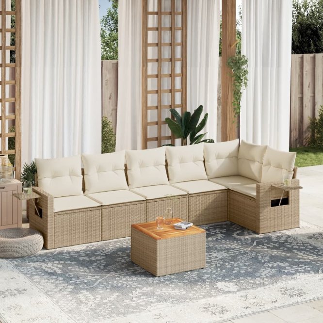 7-tlg. Garten-Sofagarnitur mit Kissen Schwarz Poly Rattan