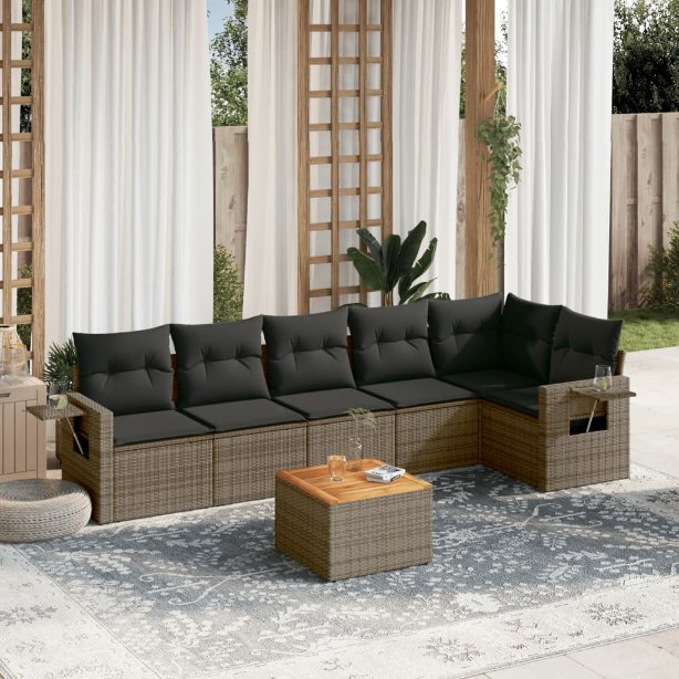 7-tlg. Garten-Sofagarnitur mit Kissen Schwarz Poly Rattan