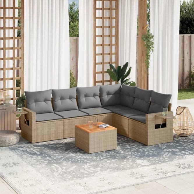 7-tlg. Garten-Sofagarnitur mit Kissen Schwarz Poly Rattan
