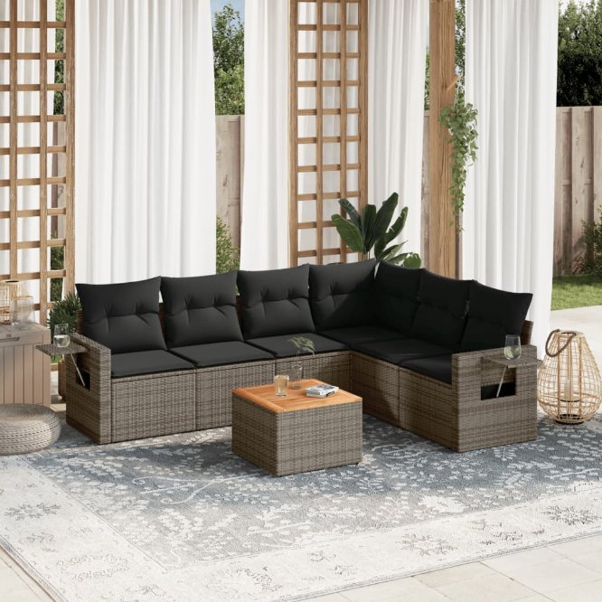 7-tlg. Garten-Sofagarnitur mit Kissen Schwarz Poly Rattan