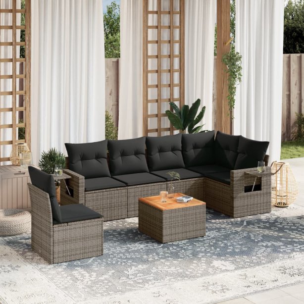 7-tlg. Garten-Sofagarnitur mit Kissen Schwarz Poly Rattan