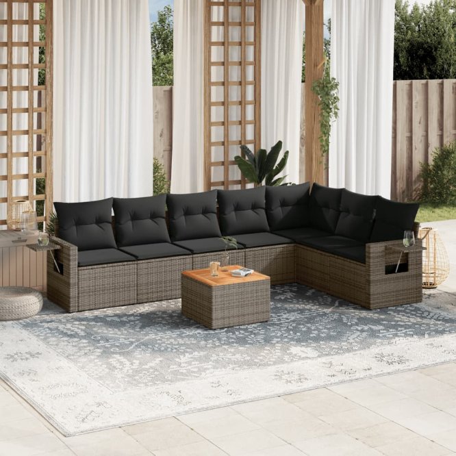 8-tlg. Garten-Sofagarnitur mit Kissen Schwarz Poly Rattan