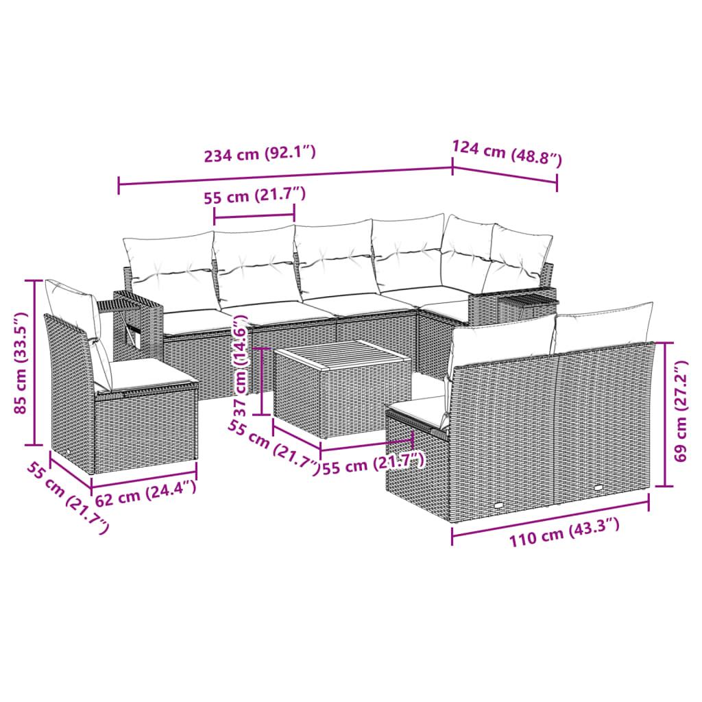 9-tlg. Garten-Sofagarnitur mit Kissen Schwarz Poly Rattan