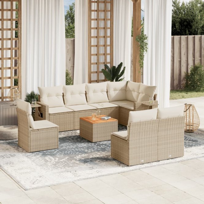 9-tlg. Garten-Sofagarnitur mit Kissen Schwarz Poly Rattan