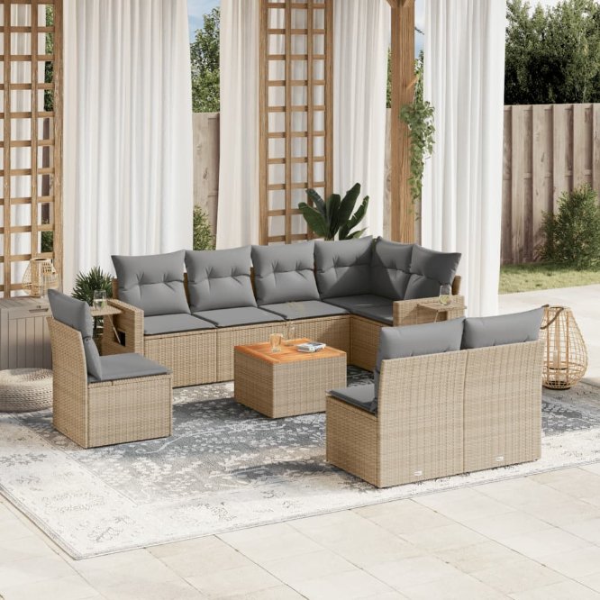 9-tlg. Garten-Sofagarnitur mit Kissen Schwarz Poly Rattan