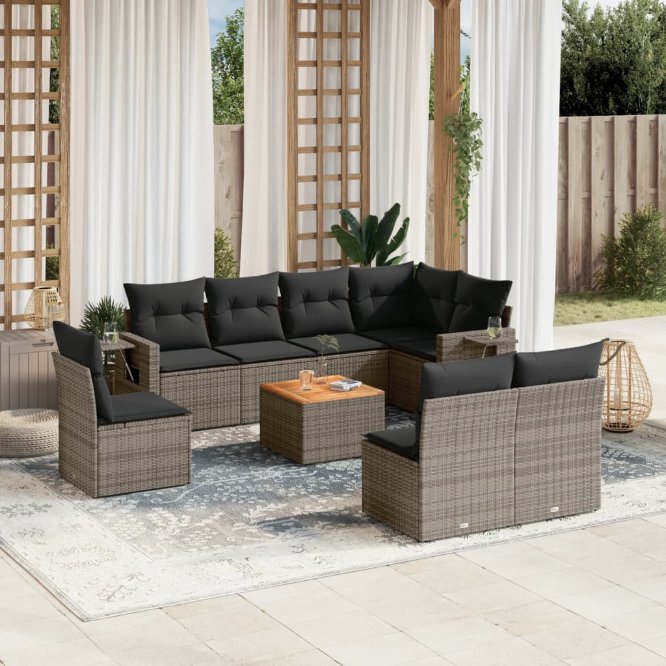 9-tlg. Garten-Sofagarnitur mit Kissen Schwarz Poly Rattan