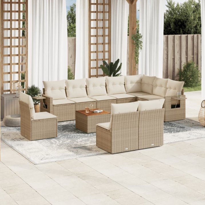 11-tlg. Garten-Sofagarnitur mit Kissen Schwarz Poly Rattan