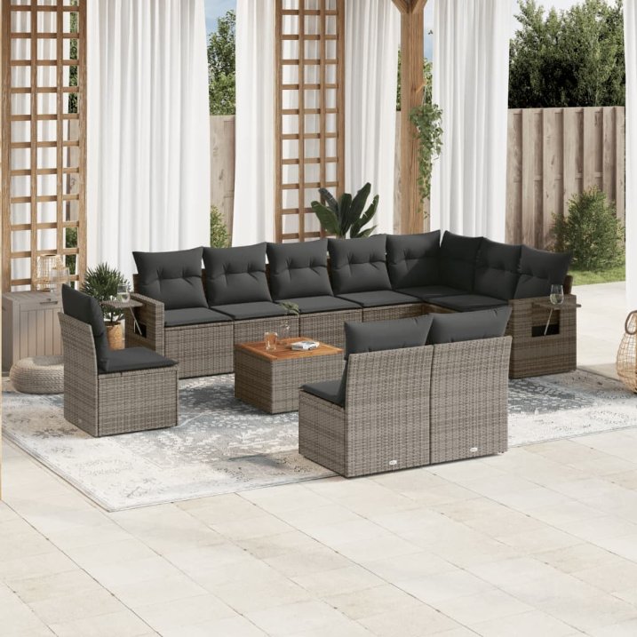 11-tlg. Garten-Sofagarnitur mit Kissen Schwarz Poly Rattan
