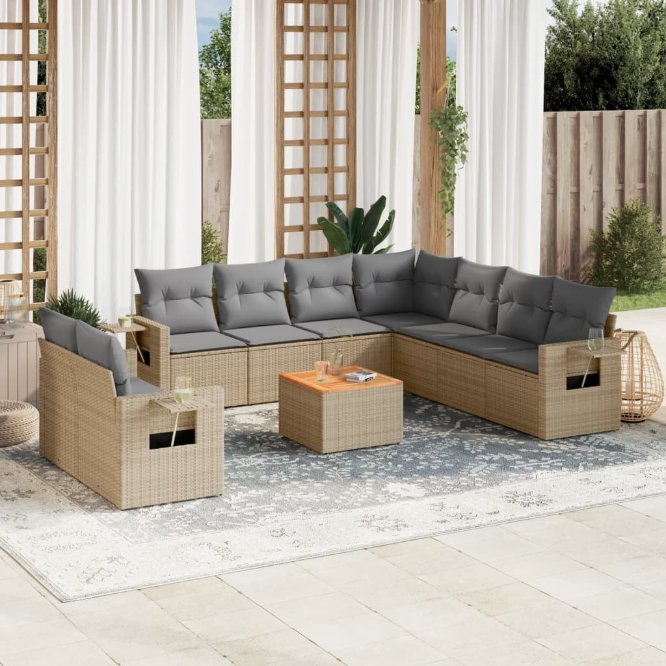 vidaXL 10-tlg. Garten-Sofagarnitur mit Kissen Schwarz Poly Rattan