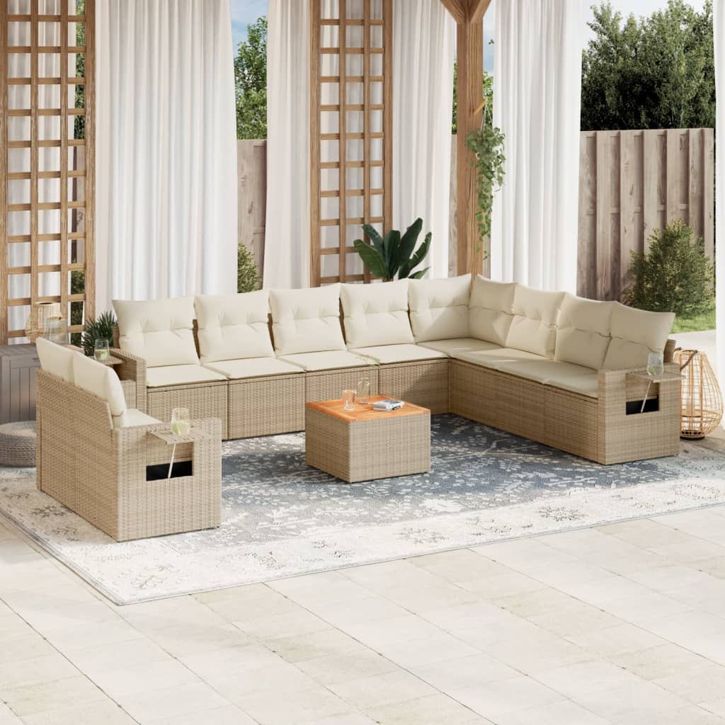 11-tlg. Garten-Sofagarnitur mit Kissen Schwarz Poly Rattan